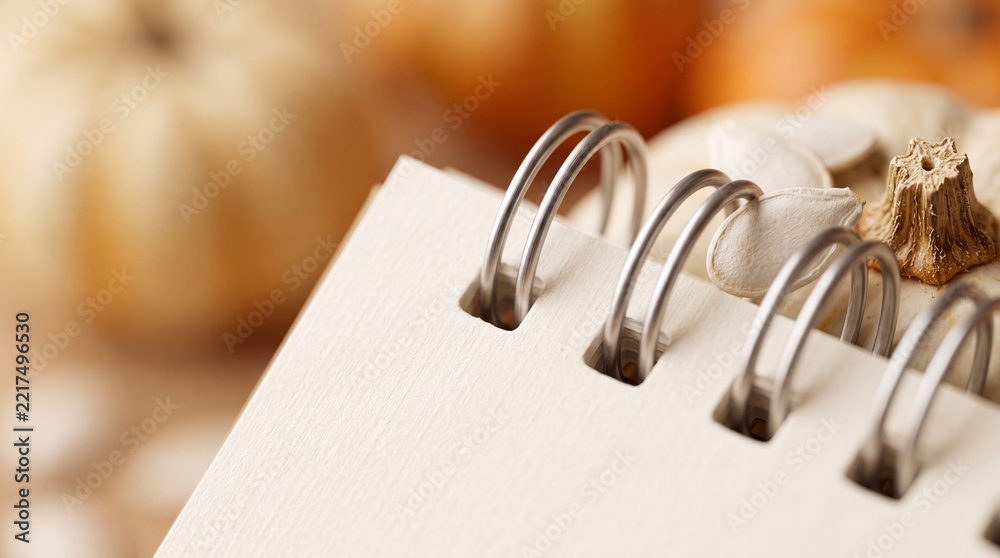Fototapeta premium Close Up Macro Shot of a Blank Spiral Notebook with Textured Paper and Blurred Autumn Pumpkins with Seeds in the Background, Perfect for Seasonal Planning or Creative Harvest Recipe Journaling