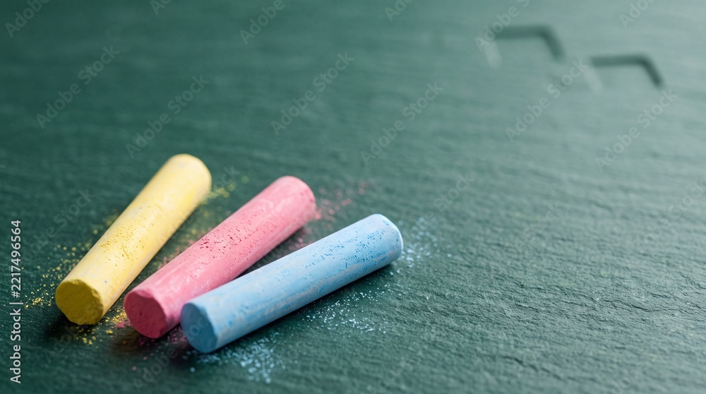 Fototapeta premium Macro close-up of three vibrant yellow, pink, and blue colored chalk sticks resting on a textured dark green slate surface with scattered chalk dust, ideal for educational and creative themes.