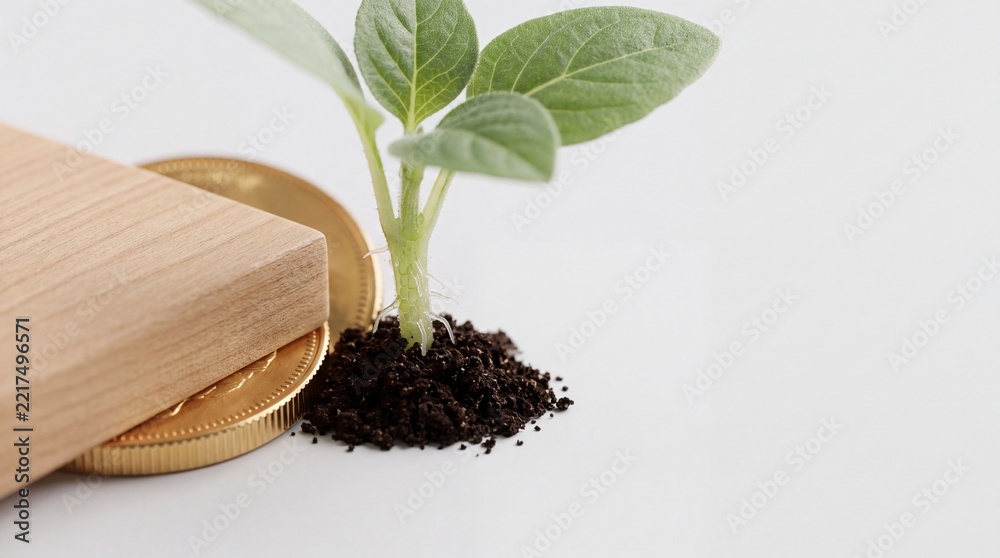 Fototapeta premium Close up of a small green seedling growing from dark soil next to gold coins and a wooden block on a white background, symbolizing financial growth, business investment, and wealth accumulation.