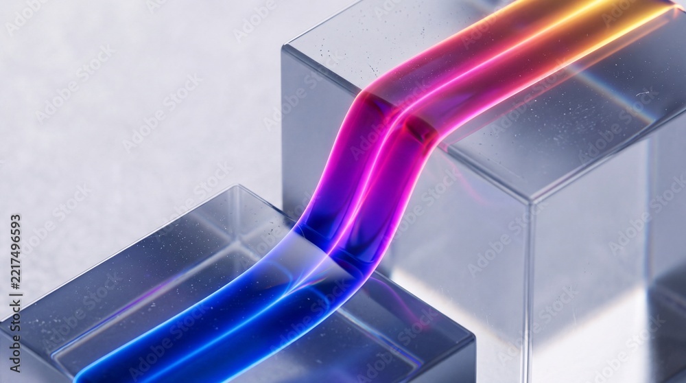 Fototapeta premium Abstract Futuristic Macro Shot of Vibrant Neon Light Flowing Through Transparent Glass Cubes with Soft Refraction and Depth of Field, High Tech Digital Energy Concept Background