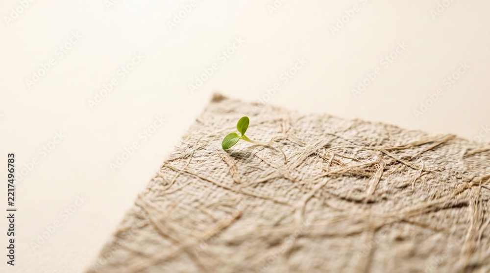 Fototapeta premium Close-up macro shot of a small green seedling sprout growing from a textured eco-friendly fibrous material, representing sustainable growth, environmental conservation, and new beginnings.