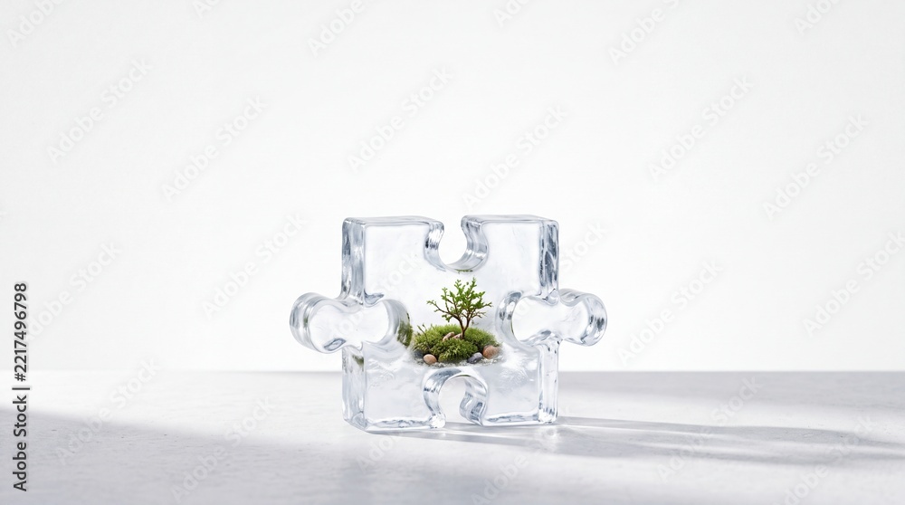 Fototapeta premium Miniature Green Tree Growing Inside a Transparent Glass Jigsaw Puzzle Piece, Representing Environmental Sustainability, Ecological Solutions, and the Missing Piece for a Greener Future Concept.