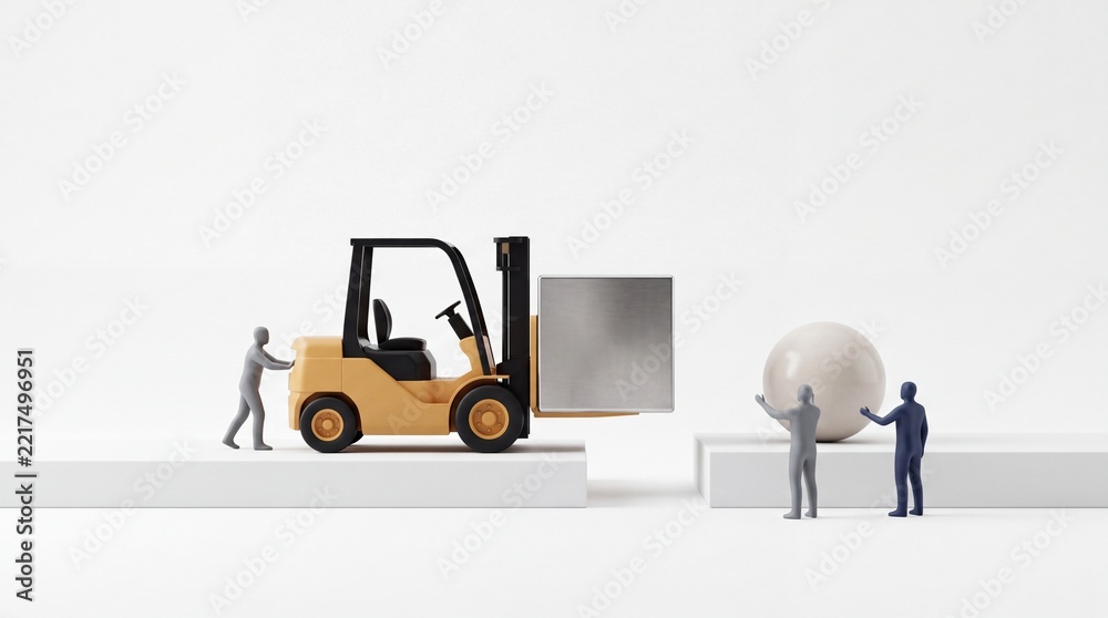 Fototapeta premium Miniature Figurines and a Yellow Forklift Working Together to Move a Large Metallic Cube Between Platforms, Representing Core Logistics Concepts, Bulk Data Handling, and Business Solution Metaphor