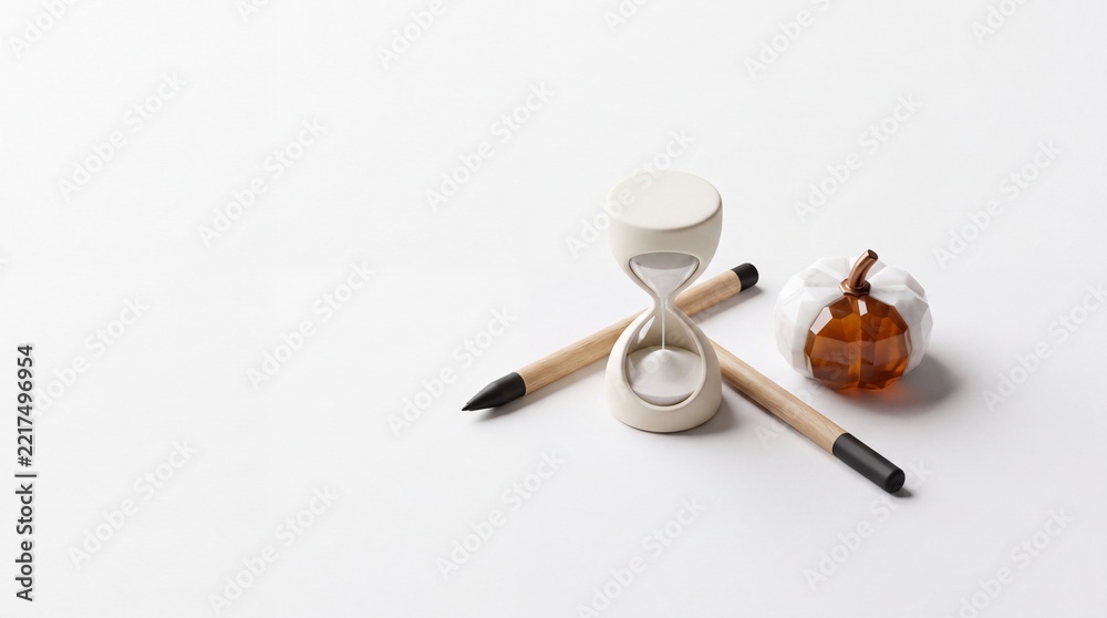 Fototapeta premium Conceptual minimalist still life featuring a modern white hourglass resting on wooden pencils next to a geometric crystal pumpkin, representing time management, productivity, and creative deadlines.