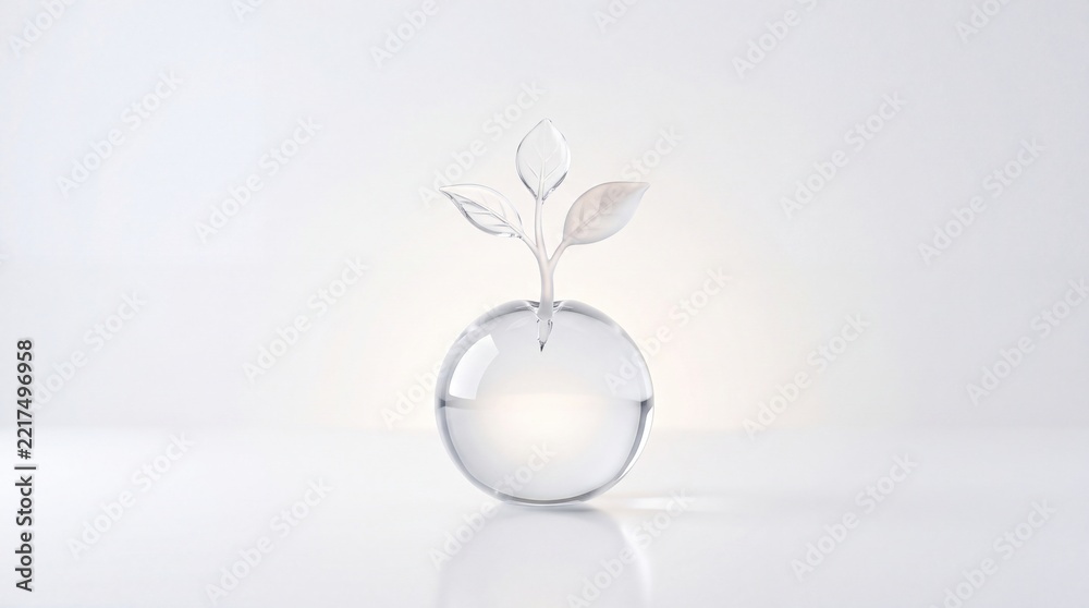 Fototapeta premium Elegant minimalist conceptual image of a translucent glass sprout growing from a clear crystal sphere, representing business growth, sustainable innovation, and core environmental metaphors.
