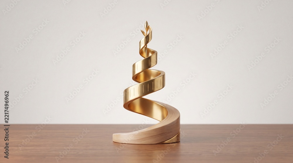 Fototapeta premium Abstract conceptual golden spiral representing financial growth, sustainable investment, and banking success, featuring a metallic ribbon winding upward into a sprout on a wooden desk surface.