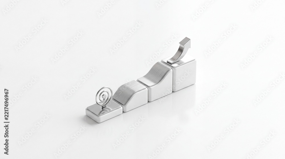 Fototapeta premium Conceptual 3D render representing business growth and evolution stages with silver metallic symbols on white blocks showing a transition from an initial idea to final success and progress.