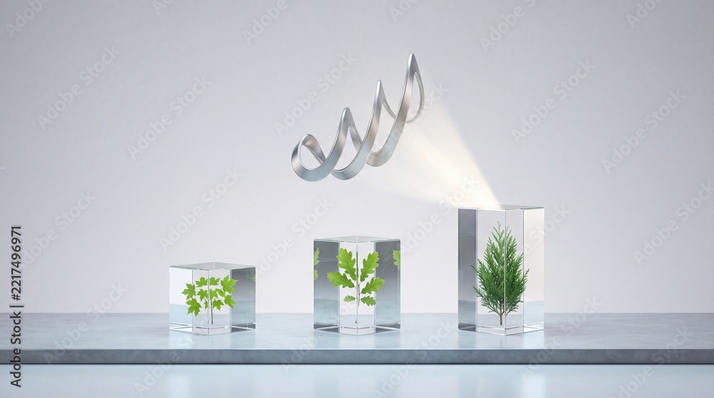 Fototapeta premium Conceptual 3D Illustration Representing Growth and Environmental Conservation with Green Leaves and Pine Tree Inside Transparent Glass Cubes Under a Symbolic Floating Metallic Spiral and Light