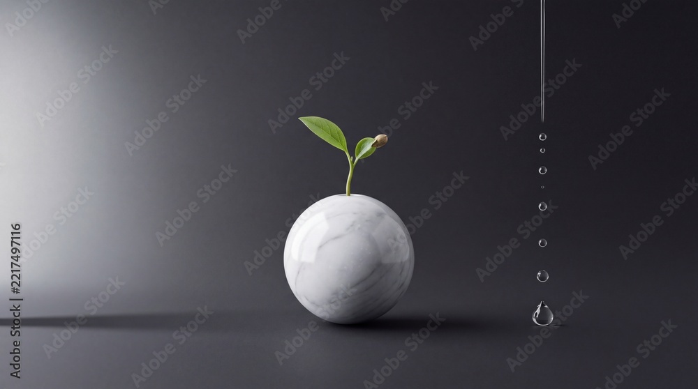 Fototapeta premium Small Green Plant Sprout Growing from a Polished White Marble Sphere with Water Droplets Falling Nearby on a Dark Minimalist Background, Representing Growth, Core Concepts, and Sustainability