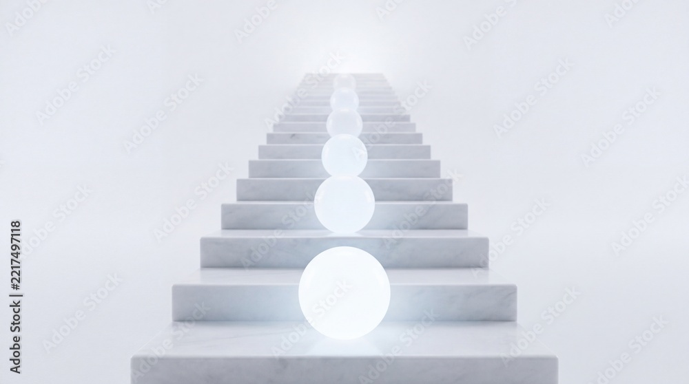 Fototapeta premium Conceptual 3D illustration of a white marble staircase with glowing spheres representing progress, career growth, spiritual enlightenment, and reaching a core goal or success destination.