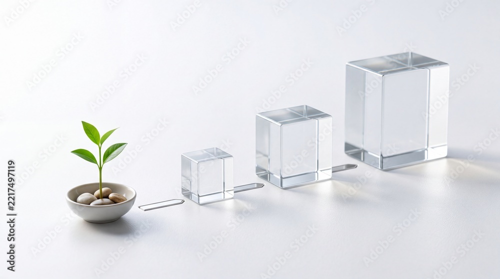 Fototapeta premium Minimalist business growth concept and metaphorical representation of scaling assets, showing a small green plant and transparent glass cubes of increasing size on a clean white background.