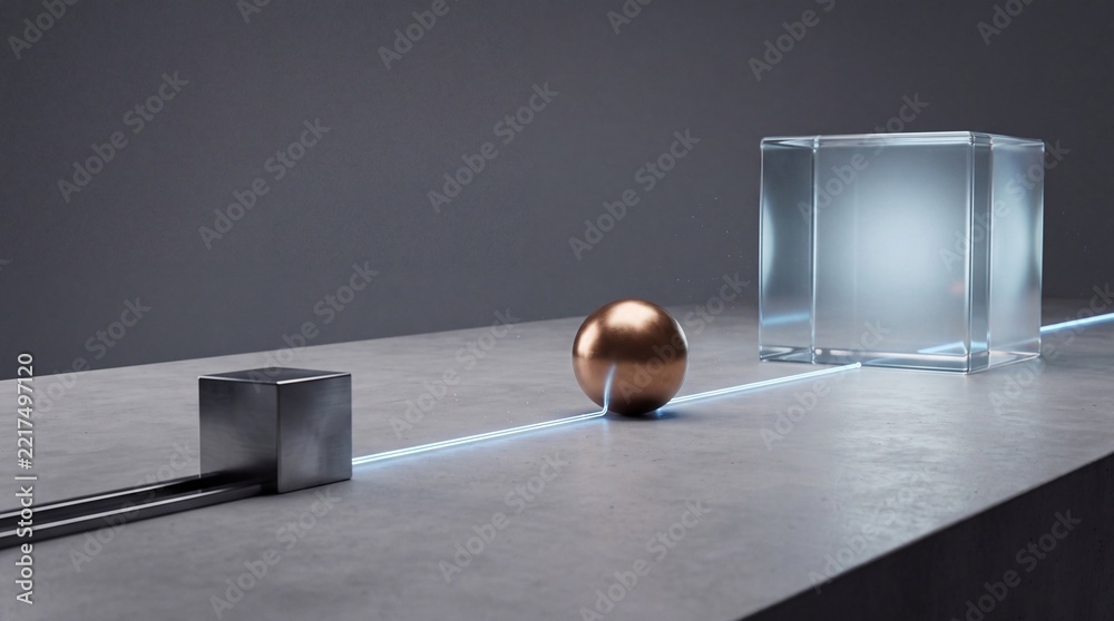 Fototapeta premium 3D Abstract Conceptual Still Life with Metallic Cube, Copper Sphere, and Large Glass Cube Connected by a Glowing Blue Laser Line Representing Data Flow, Industrial Bulk, and Modern Technology