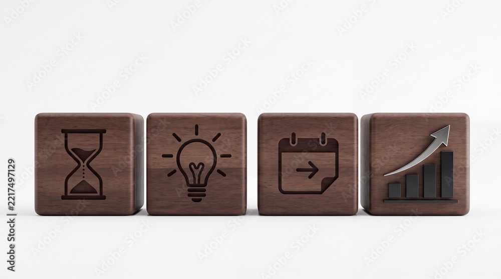 Fototapeta premium Conceptual Business Strategy Represented by Four Wooden Blocks with Hourglass, Lightbulb, Calendar, and Growth Graph Icons for Time Management, Innovation, Planning, and Financial Success