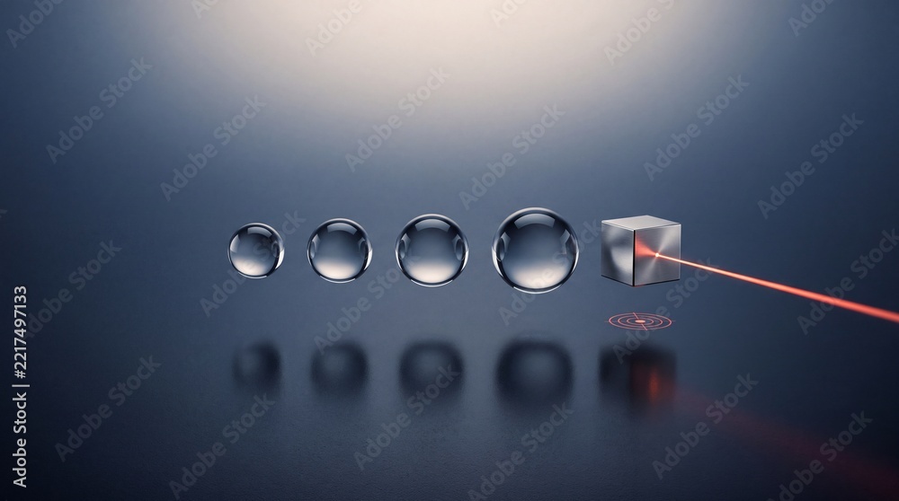 Fototapeta premium Abstract conceptual 3D illustration representing transformation and precision with a row of clear glass spheres and a metallic cube hit by a red laser beam on a dark blue reflective surface.