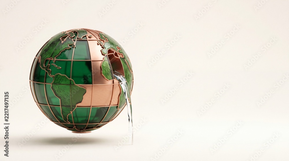 Fototapeta premium Conceptual 3D Illustration of Fresh Water Pouring Out from a Stylized Copper Globe, Representing Global Resource Depletion, Environmental Scarcity Metaphor, and the Urgent Need for Sustainability.