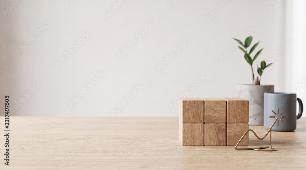 Fototapeta premium Minimalist Workspace Scene with Wooden Blocks, Potted Plant, and Coffee Mug on a Desk with Large Negative Space on the Left for Text Placement, Clean Professional Interior Background