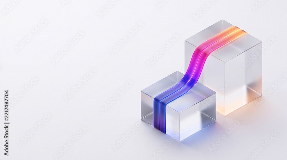 Fototapeta premium Abstract 3D rendering of glowing neon light path flowing across transparent glass cubes on white background with large negative space for text, conceptualizing data connectivity and growth.