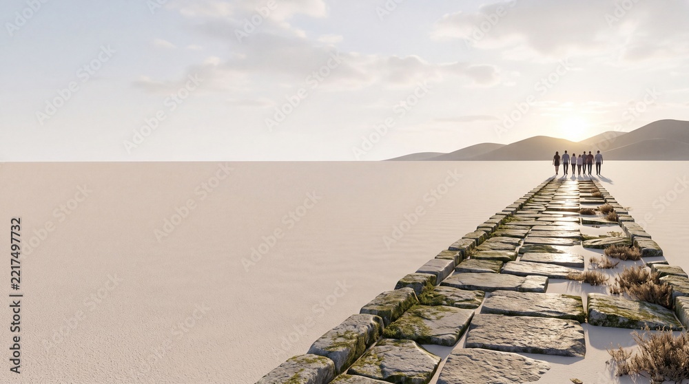 Fototapeta premium A group of diverse people walking together on a long stone path towards a bright horizon and mountains at sunset with a vast minimalist landscape and negative space on the left side for text