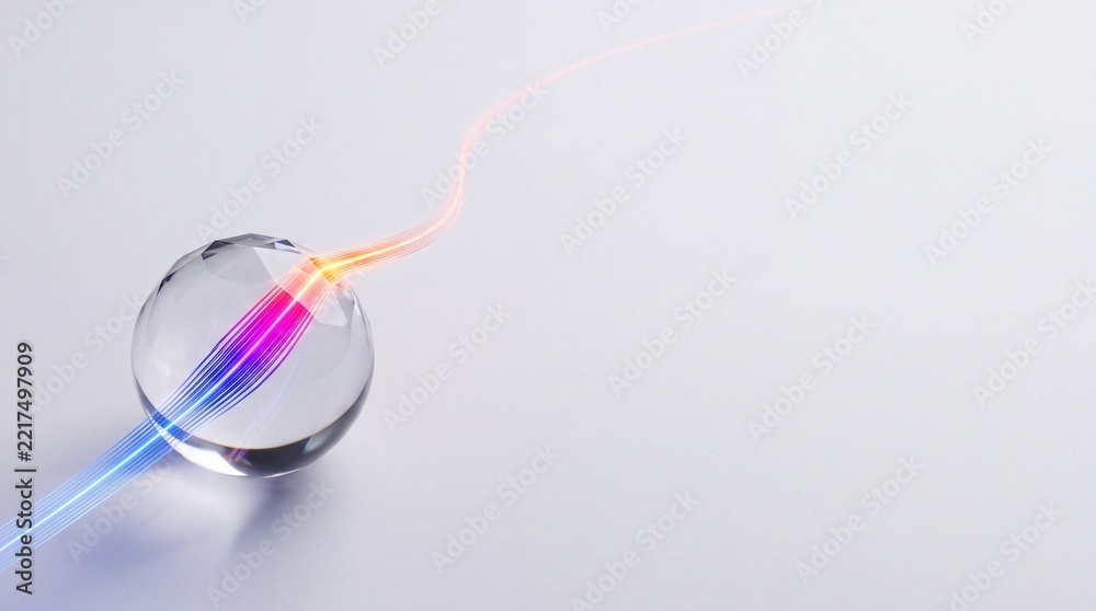 Fototapeta premium Abstract Transparent Crystal Sphere with Colorful Glowing Light Beams Passing Through and Large Negative Space on the Right for Copy Space, Concept of Fiber Optics and Future Technology