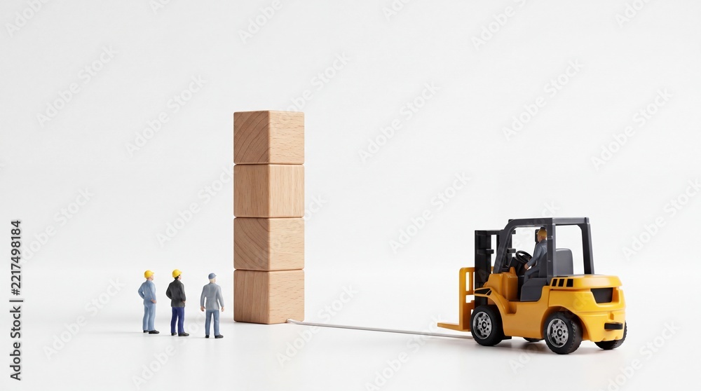 Fototapeta premium Miniature Workers and a Yellow Forklift Stacking Four Wooden Blocks on a Clean White Background, Highlighting Concepts of Logistics, Teamwork, Industrial Growth, and Strategic Planning