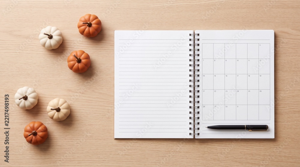 Fototapeta premium Top View of an Open Spiral Notebook with Monthly Planner Grid and Lined Page, Accompanied by a Black Pen and Small Decorative Pumpkins on a Light Wooden Desk Surface, Autumn Planning Concept