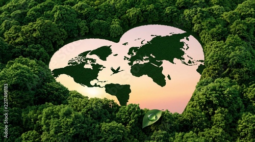 Aerial conceptual view of a dense green forest with a heart-shaped opening featuring a world map silhouette against a warm sunset sky, representing environmental protection and global sustainability.