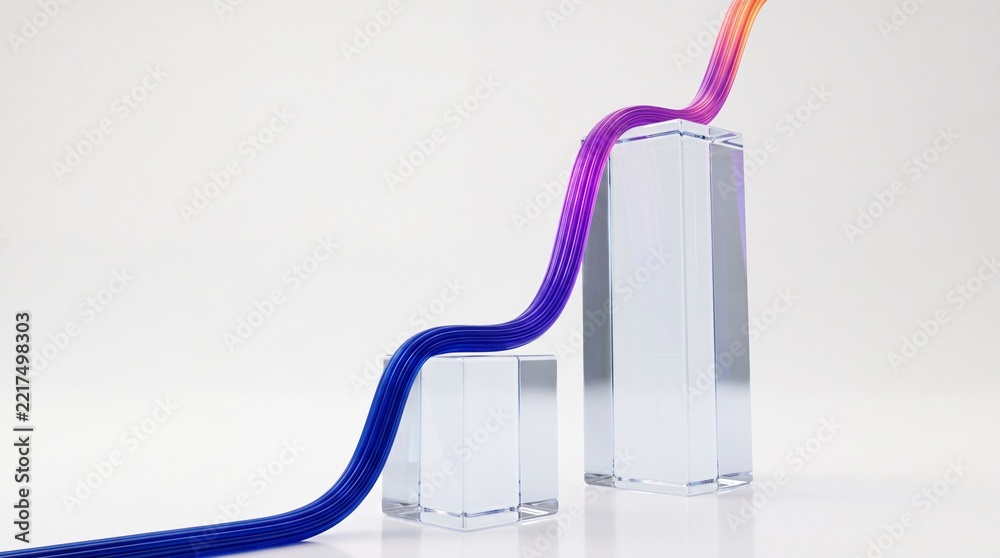 Fototapeta premium Abstract 3D Render of Colorful Gradient Data Line Flowing Over Transparent Glass Pedestals on White Background, Representing Growth, Connectivity, and Modern Technological Perspective Shift