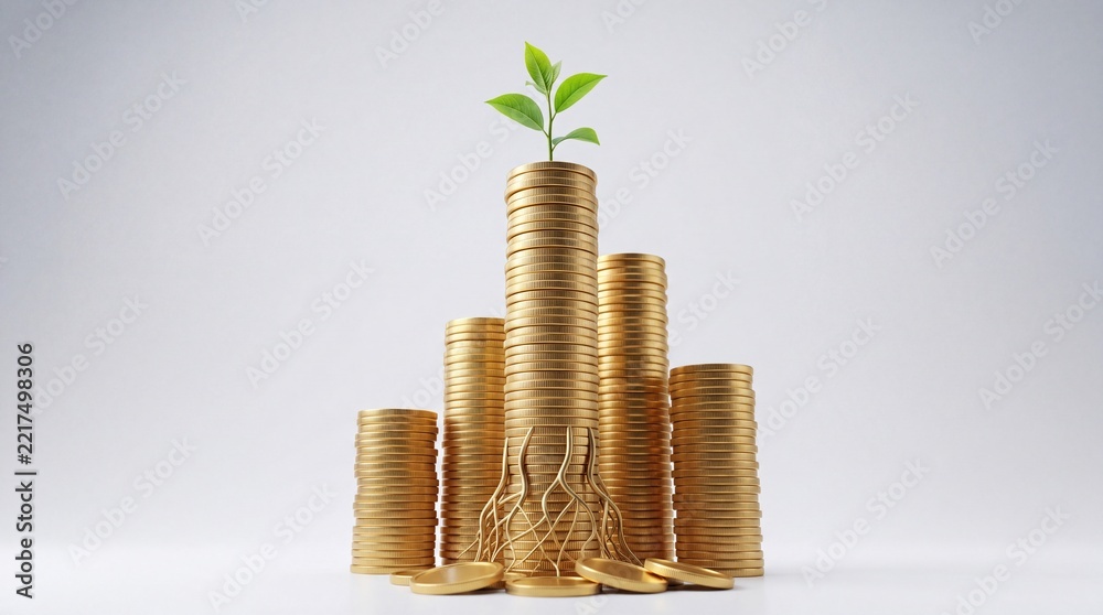 Fototapeta premium A conceptual visual of financial growth featuring multiple stacks of gold coins with a green seedling growing from the tallest pile and golden roots at the base on a clean white background.