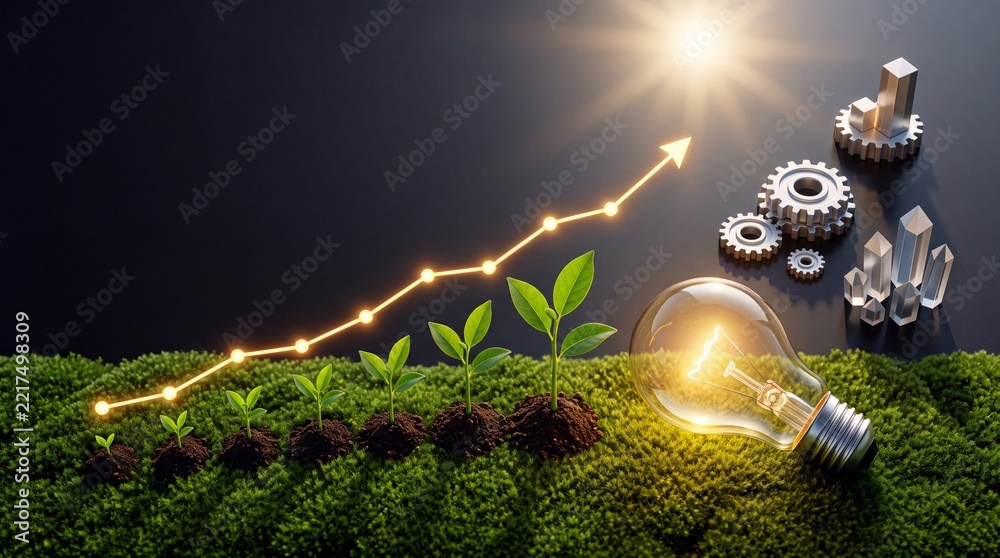 Fototapeta premium Sustainable Business Growth Concept with Glowing Light Bulb Saplings Increasing in Size and Upward Financial Arrow Representing Green Energy Innovation and Economic Success on Mossy Background