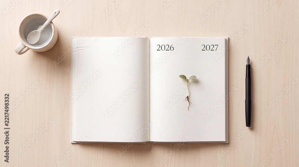 Fototapeta premium Top view of an open notebook on a wooden desk featuring a small green sprout, a fountain pen, and a cup, with the years 2026 and 2027 printed on the page, representing future goals and growth.