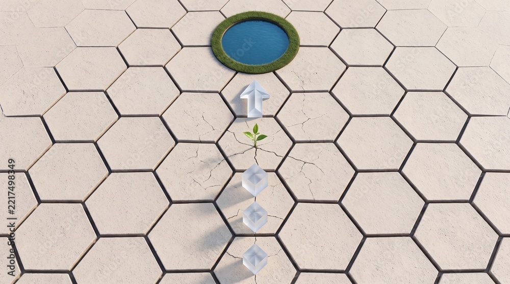 Fototapeta premium Conceptual 3D illustration featuring a small green plant sprout growing from cracked hexagonal tiles, with crystal blocks and an arrow pointing toward a circular water oasis and green grass.