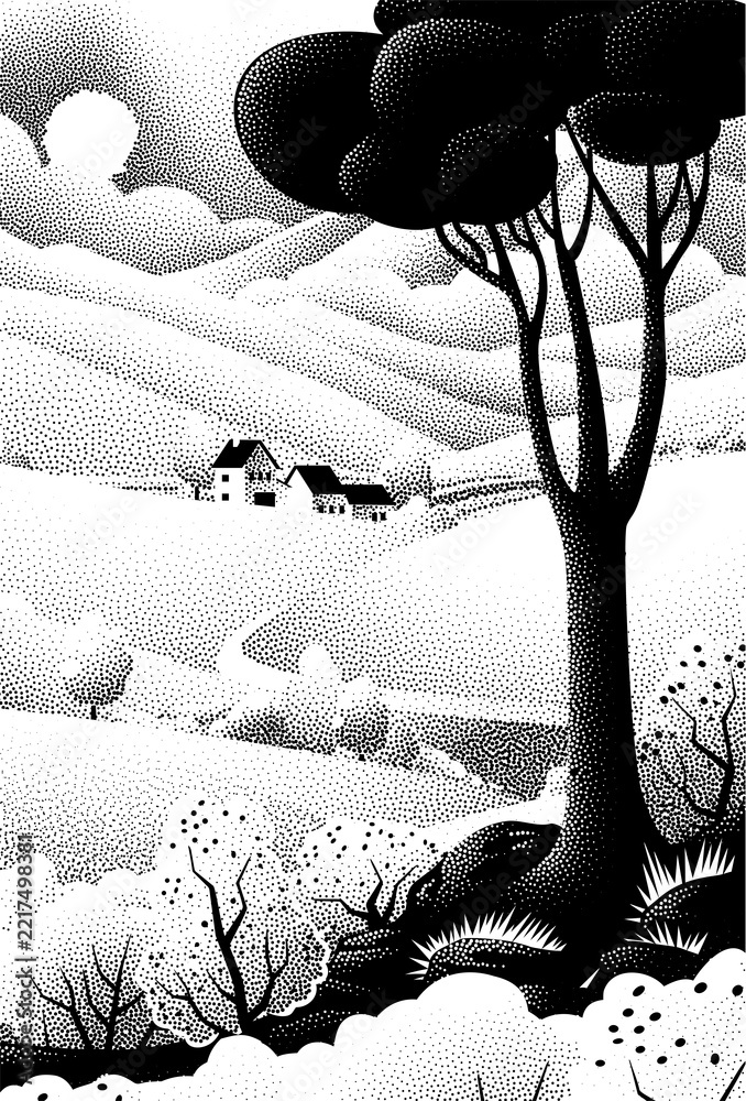 Naklejka premium Fields rolling hills and mountains farm landscape background illustration with countryside mountains, sunrise sun, clouds and trees. Original rural background drawing in vintage pointillism dot style
