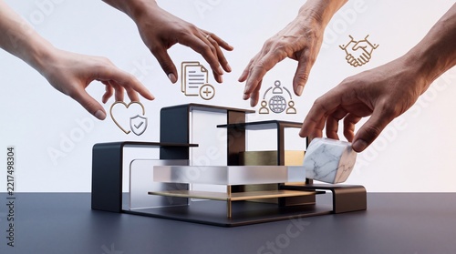 Diverse hands collaborating on a modular 3D business structure with floating icons for insurance, global networking, and partnership, representing a strategic perspective shift in growth.