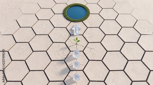 Conceptual 3D illustration featuring a small green plant sprout growing from cracked hexagonal tiles, with crystal blocks and an arrow pointing toward a circular water oasis and green grass.
