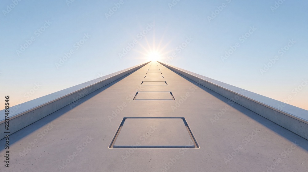 Fototapeta premium Dramatic perspective view of a long concrete bridge walkway with square patterns leading towards a bright glowing sun at the horizon under a clear sky, symbol of hope, goal, and future success.