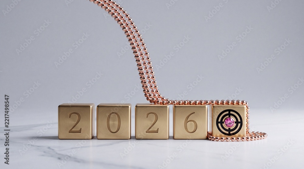 Fototapeta premium Business Goals and Achievement Concept for 2026 with Gold Cubes Showing the Year and a Bullseye Target Icon with Pink Gem on Marble Background with Elegant Rose Gold Chains