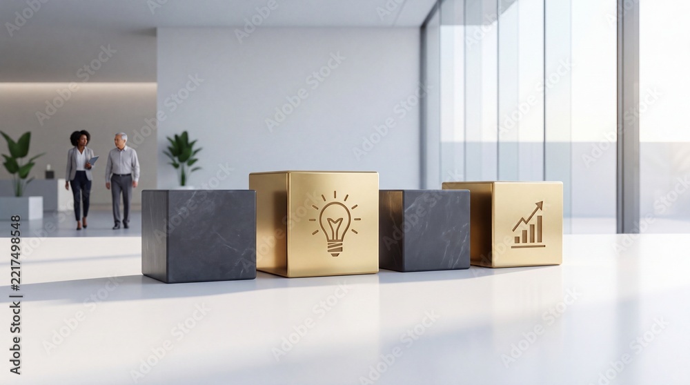 Fototapeta premium High-end premium commercial upgrade concept with golden and marble cubes featuring innovation lightbulb and growth graph icons in a modern bright corporate office background