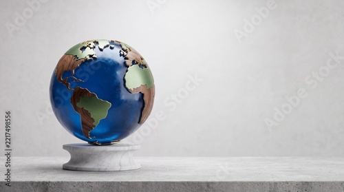Premium decorative globe featuring wooden and metallic continents on a white marble pedestal, representing global business, international trade, and luxury corporate travel on a minimalist background.