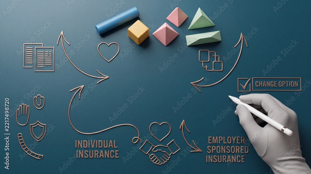 Fototapeta premium Conceptual illustration of choosing between individual insurance and employer-sponsored insurance plans, featuring a hand selecting a premium upgrade option for commercial health coverage.