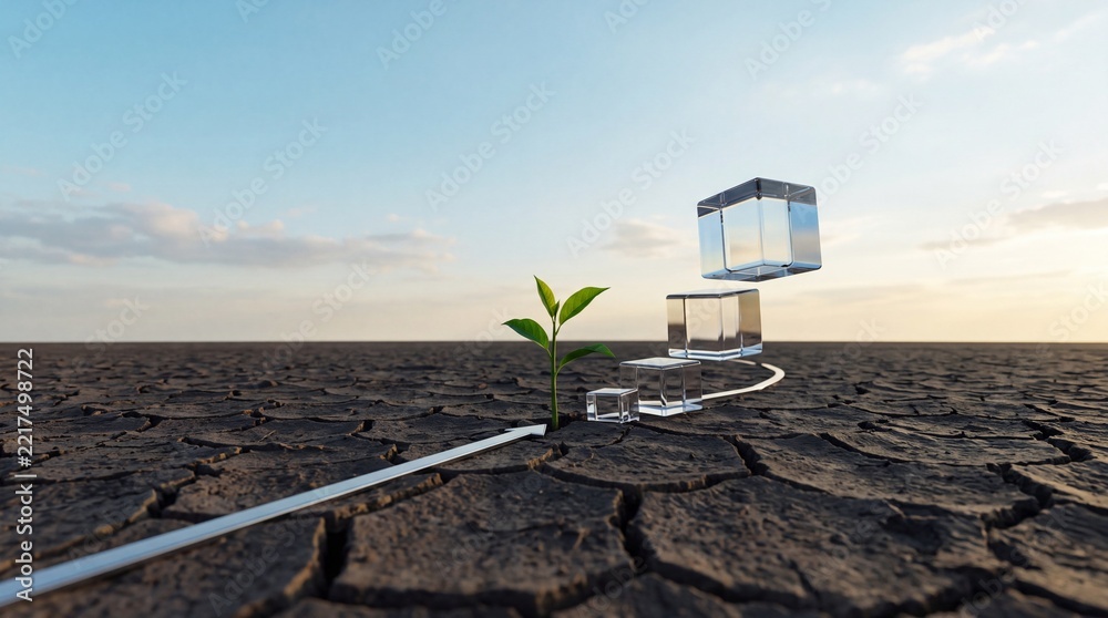 Fototapeta premium Conceptual 3D illustration of a green sprout growing in cracked desert earth with floating glass cubes and an arrow, symbolizing premium commercial business growth, resilience, and bulk upgrade.