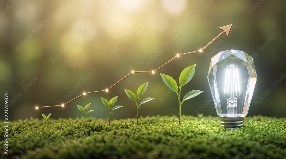 Fototapeta premium Sustainable business growth and innovation concept with green seedlings growing alongside a rising financial graph and a glowing light bulb representing creative energy and success
