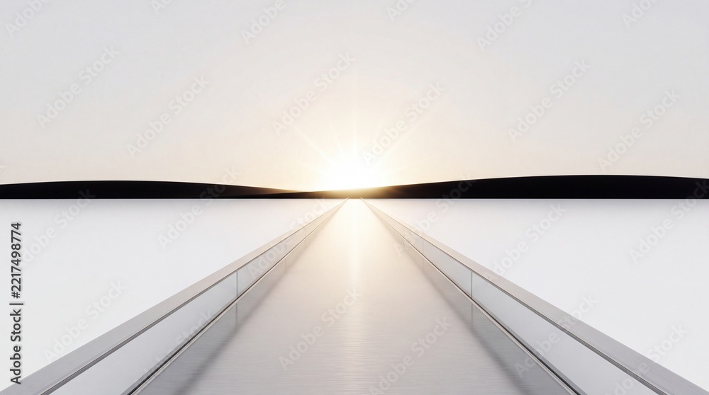 Fototapeta premium Minimalist futuristic metallic bridge pathway leading towards a bright rising sun on the horizon, representing a premium commercial upgrade, success, vision, and progress for business.