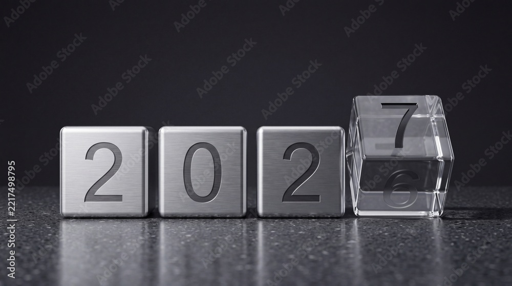 Fototapeta premium New Year 2027 Transition Concept with Brushed Metal and Transparent Glass Cubes Showing Year Change from 2026 to 2027 on Elegant Dark Background for Business Growth and Future Planning