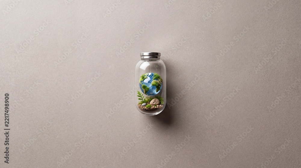 Fototapeta premium Conceptual top down overhead view of a small miniature Earth globe inside a glass jar with moss and plants on a neutral textured background, symbolizing environmental conservation