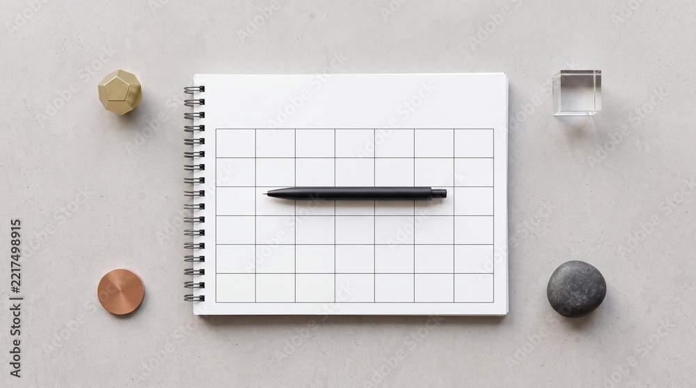 Fototapeta premium Top down overhead view of a minimalist spiral notebook with a blank grid planner and a black pen on a grey concrete background surrounded by decorative geometric objects for organization