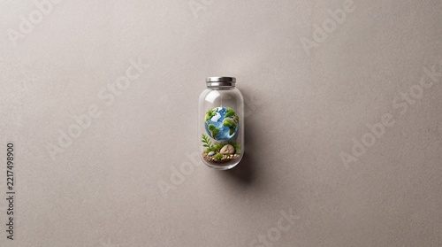 Conceptual top down overhead view of a small miniature Earth globe inside a glass jar with moss and plants on a neutral textured background, symbolizing environmental conservation