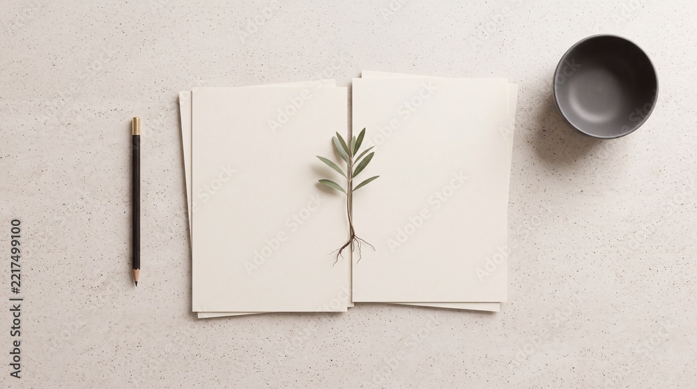 Fototapeta premium Minimalist top down overhead view of blank white paper pages with a small green plant sprig, a black pencil, and a dark ceramic bowl on a light speckled stone surface for creative mockup designs.