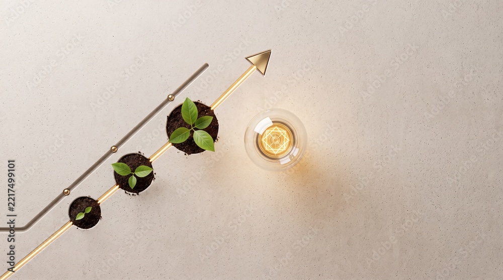 Fototapeta premium Conceptual top-down view of green plants growing along an ascending arrow line next to a glowing lightbulb, symbolizing sustainable business growth, eco-friendly innovation, and creative success.