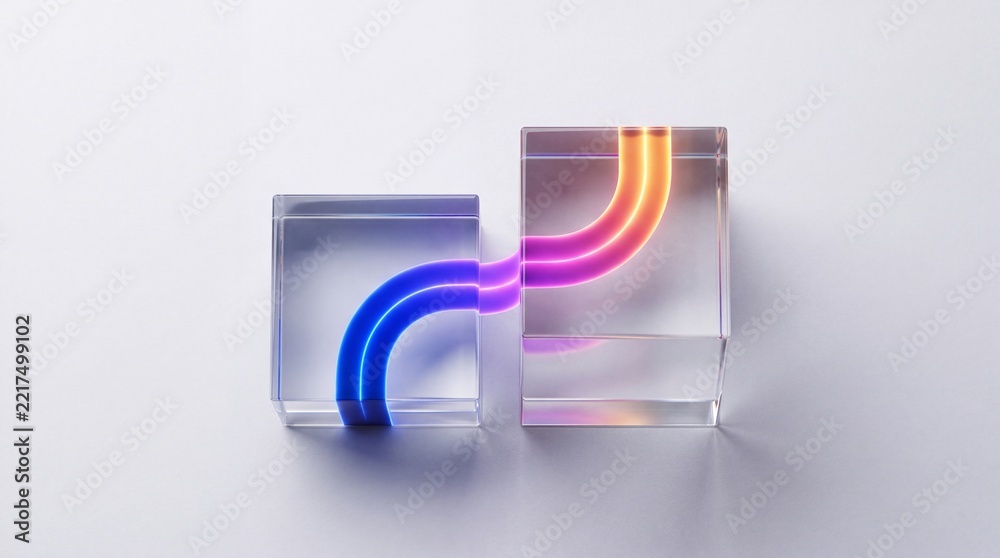 Fototapeta premium Top Down Overhead View of Two Transparent Glass Cubes with Glowing Neon Light Curves in Blue Purple and Orange Gradient Transitioning Through Blocks for Modern Abstract Technology Concept Background