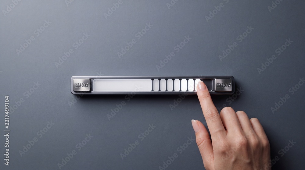 Fototapeta premium Overhead shot of a hand interacting with a futuristic progress bar transitioning from the year 2026 to 2027, symbolizing future planning, goal setting, and the passage of time in business.